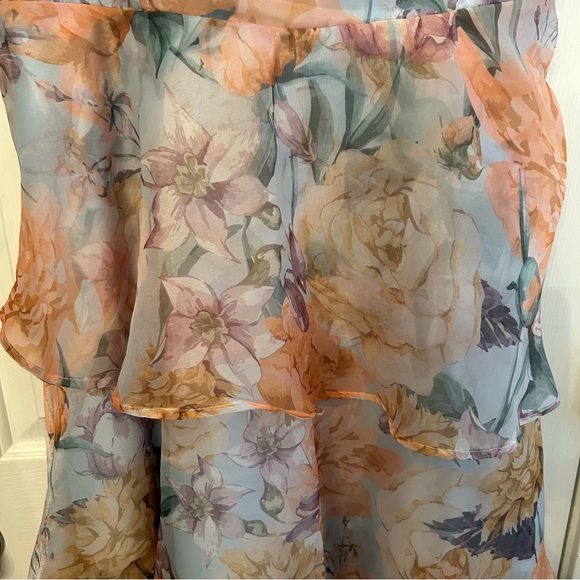 Playfully Posh Blue Floral Organza Tie-Strap Tiered Midi Dress Size XL - Picture 2 of 11